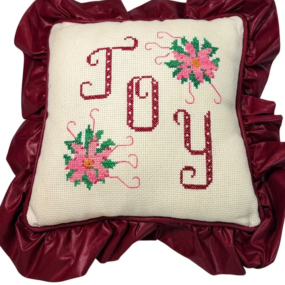 Vintage Handmade Cross Stitch Joy Christmas Pillow Burgundy Ruffle Poinsettia